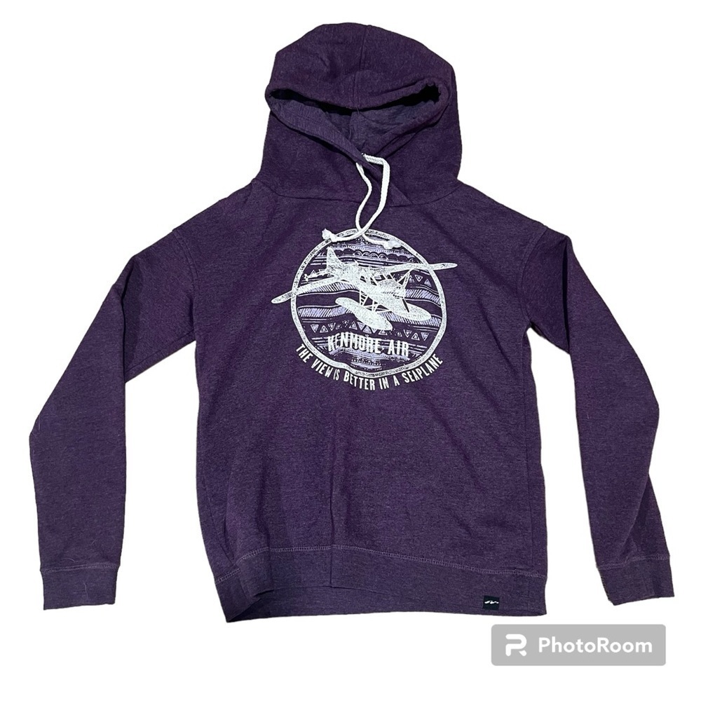 Purple hoodie sweatshirt with cream seaplane graphic made by Techstyles, S.